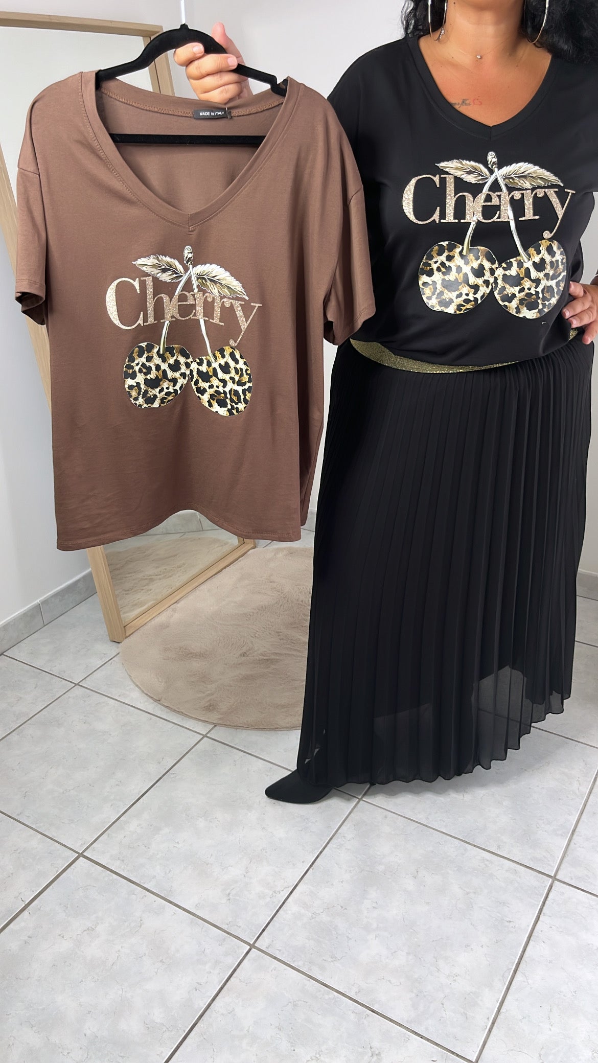 Nouvelle, collection 🍁T-shirt Cherry léopard
	•	taille unique : du 42 au 48
